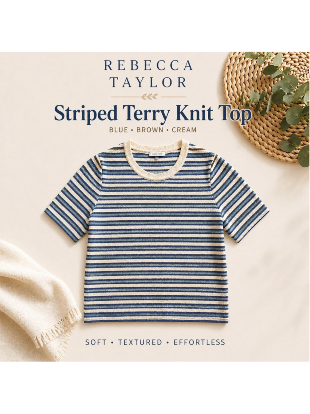 Rebecca Taylor Striped Terry Knit Top Blue Brown Cream XL Coastal